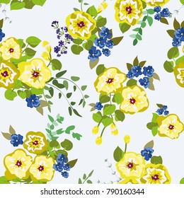 Seamless pattern in small pretty wild yellow flowers. Cute bouquets. Liberty style millefleurs. Floral background for textile, wallpaper, covers, surface, print, wrap, scrapbooking, decoupage