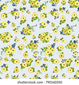 Seamless pattern in small pretty wild yellow flowers. Cute bouquets. Liberty style millefleurs. Floral background for textile, wallpaper, covers, surface, print, wrap, scrapbooking, decoupage