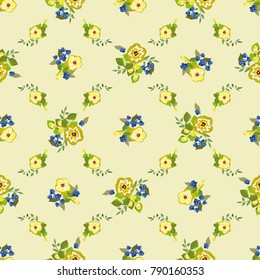 Seamless pattern in small pretty wild yellow flowers. Cute bouquets. Liberty style millefleurs. Floral background for textile, wallpaper, covers, surface, print, wrap, scrapbooking, decoupage