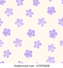 Seamless pattern of small purple geranium flowers.