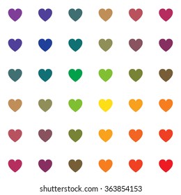 Seamless pattern of small rainbow colored hearts isolated on the white background.