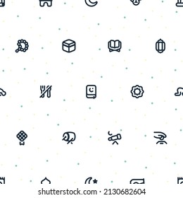 Nahtloses Muster kleiner Ramadan-Symbole mit zufälligen Punkten auf transparentem Hintergrund.