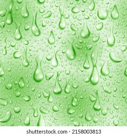 Seamless pattern of small realistic water drops in light green colors