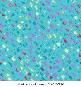Seamless pattern with small rectangles with stripes on a blue background. Vector repeating texture. Hand drawn image.