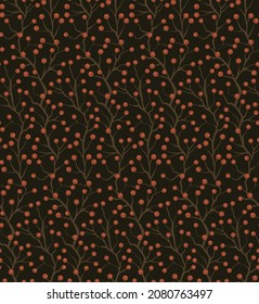Seamless pattern with small red berries on black branches on dark background. Vector natural texture with rowan berries on intertwined stems for wallpaper, fabric.