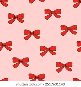 Seamless pattern with small red bows. Vector background with outline ribbons in retro style. Christmas or valentines day holiday print