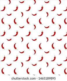 Seamless pattern of small red chilli peppers with green tails on white background. Vector illustration.