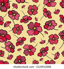 Seamless pattern with small red flowers on a yellow background