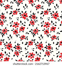 Seamless pattern with small red flowers, ink leaves on a white background. Liberty floral print, minimalist botanical vintage style surface. Vector illustration.