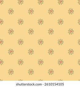 Seamless pattern of small red and green floral motifs on a yellow background in folk style. Vector illustration for textile and surface design.