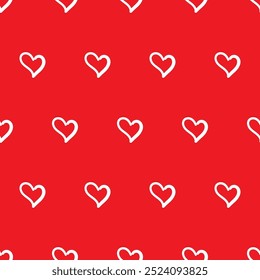 Padrão contínuo com pequenos corações de doodle desenhados à mão vermelha no fundo vermelho. Simples bonito Valentines dia repetir vetor fundo