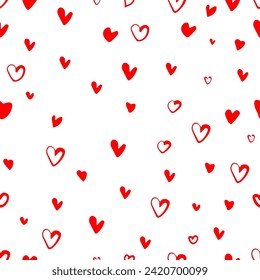 Seamless pattern of small red hearts. With love. hand drawing. Not AI. Happy Valentine's Day. Vector illustration