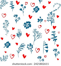 Seamless pattern of small red hearts and flowers. With love. hand drawing. Not AI. Happy Valentine's Day. Vector illustration