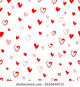 Seamless pattern of small red hearts. With love. hand drawing. Not AI. Happy Valentine's Day. Vector illustration