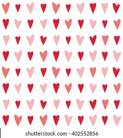 Seamless pattern with small red hearts. White background. Wrapping. Romantic desing. Pink, red bright color. For decorating postcards, backgrounds, packages.