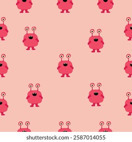 Seamless pattern with small red monsters with stalk eyes and open mouths on a light peach background. Cute and humorous character