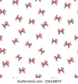 Seamless pattern with small red stripped bow. Decorative vector art for decorating greeting cards, banners or ads for wedding, birthday, Valentines day, new year, Christmas or other holidays.