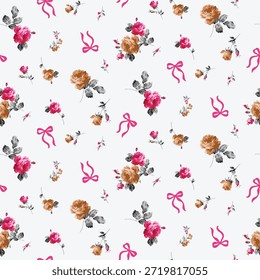 Patrón sin fisuras Pequeña flor de rosa con 
Vector rojo del fondo de la cinta para la moda de la tela y más