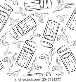 seamless pattern with small round street trash can and banana skins in line art style, to fight against environmental pollution