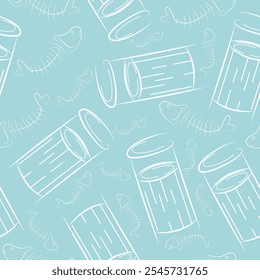 seamless pattern with small round street trash can and fish spine in line art style on blue background, to fight against environmental pollution day
