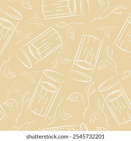 seamless pattern with a small round street trash can and banana peels in line art style on a yellow background, to fight against environmental pollution day