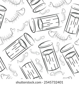 seamless pattern with small round street trash can and fish spine in line art style, to fight against environmental pollution day