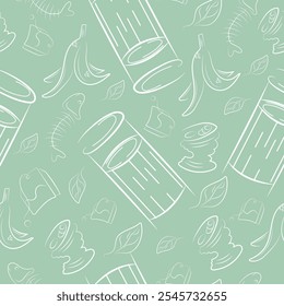 seamless pattern with a small round street dustbin and various garbage in line art style on a green background, to fight against environmental pollution day