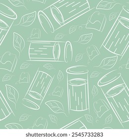 seamless pattern with small round street dustbin and bag and tea leaves in line art style on green background, to fight against environmental pollution day