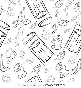 seamless pattern with a small round street trash can and various trash in line art style, to fight against environmental pollution day