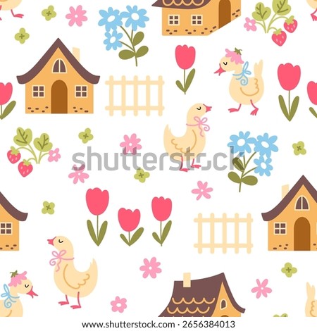 Seamless pattern with small rural houses, geese and flowers. Village landscape in vector. Childish texture for fabric, textile, apparel. 