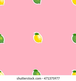 Seamless pattern with small same sizes lemons and limes stickers with leaves on pink background.
