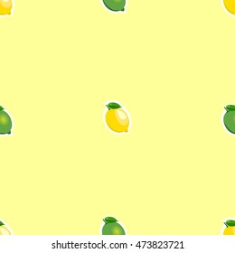 Seamless pattern with small same sizes lemons and limes stickers with leaves on yellow background.