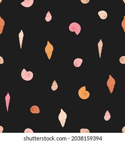 Seamless pattern of small seashells. Concept of ocean flora and fauna, marine and underwater life, mollusk shells, summertime. Colored vector illustration, isolated on black.