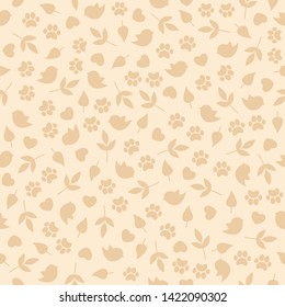 Seamless pattern with small simple birds,hearts,branches,leaves and paws on a warm beige background.Pastel print for fabric,wrapping paper,wallpaper,planners,mugs,background for your design 