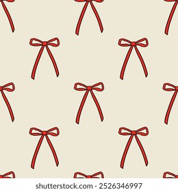 Seamless pattern with small simple red bows. Vector background with outline ribbons in retro style. Christmas or valentines day holiday print