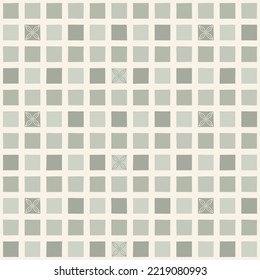 Seamless pattern of small squares with a scattered motif design in shades of green.
