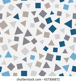 Seamless pattern with small squares and triangles on a gray background. Vector repeating texture.