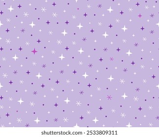 Seamless pattern with small stars. Simple minimalistic pattern. White and purple stars on a light purple background. Design for wrapping paper, fabric. Cute childish pattern.