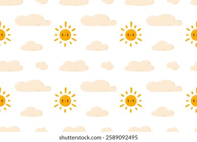 A seamless pattern of small suns and fluffy beige clouds on a soft background. Ideal for kids' rooms, wallpapers, and textiles.