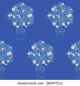 Seamless pattern of small tangerine tree in a pot in contour style. Good wallpaper for website, package, poster, textile.