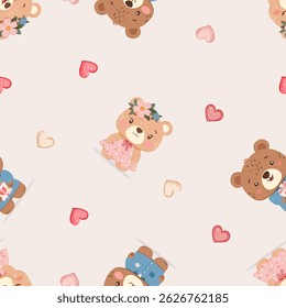 Seamless pattern with small teddy bears and hearts on beige background