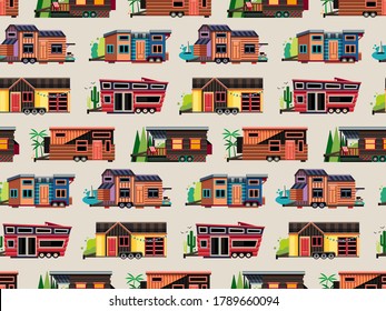 Seamless Pattern With Small Tiny Houses. Modern Mobile Trailers. Vector  Illustration.
