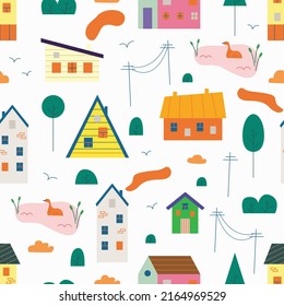 Seamless pattern of small tiny houses, trees, clouds, bush, pond in Scandinavian style. Cute kids urban and village homes, building, residential city houses landscape. Hand drawn flat illustration.