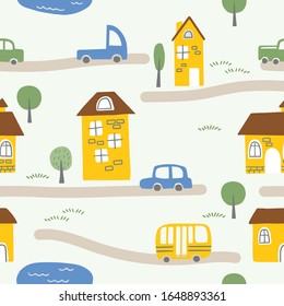 Seamless pattern of a small town and countryside. Pattern with roads, houses, trees and different cars. Perfect for kids fabric, textile, nursery wallpaper. Vector illustration. City map. Flat style.