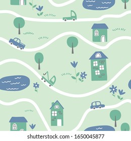 Seamless pattern of a small town and countryside. Pattern with roads, houses, trees and different cars. Perfect for kids fabric, textile, nursery wallpaper. Vector illustration. City map. Flat style.