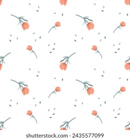 Seamless pattern, small tulip buds and scattered leaves on a white background. Textile, background, vector	
