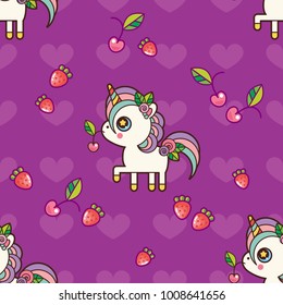 Seamless pattern. A small unicorn eats a cherry on the background of hearts, strawberries and cherries. The mane and tail of the unicorn are decorated with flowers. Pattern in trend color ultraviolet.