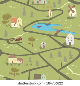 Seamless pattern of a small village in summer. EPS 10. Transparency. No gradients.