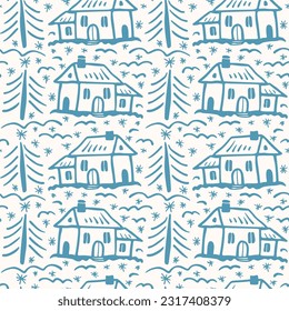 Seamless pattern with a small village. Winter landscape. Digital painting. Vector