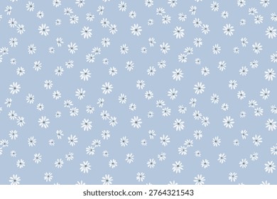 Seamless pattern with small white daisy flowers on a soft pastel blue background. Clean, minimal and airy design perfect for textiles, wallpaper, wrapping paper, and feminine branding